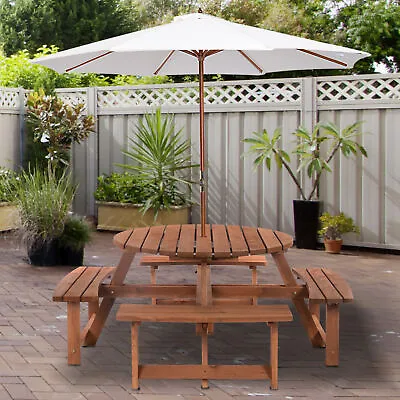 £249.99 • Buy 8-Seater Outdoor Garden Patio Wooden Picnic Table Set With Seats & Umbrella Hole