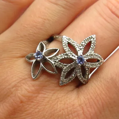 925 Sterling Silver Real Diamond & Tanzanite Gem Floral Ring Size 10 • £81.97