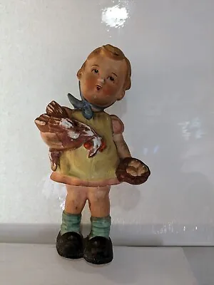 Vintage Made In Japan Ceramic Figurine Girl Holding Chicken Hen Eggs In Basket • $9.99
