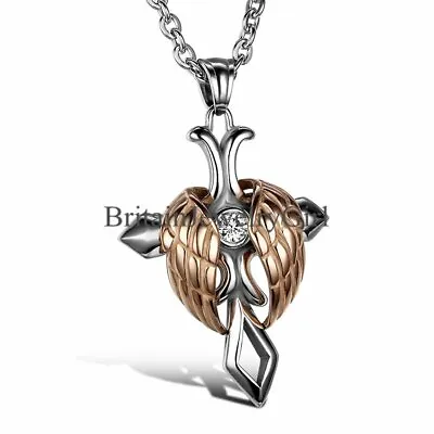 Stainless Steel Mens Women Angel Wing Celtic Cross Pendant Chain Necklace 22  • $10.99
