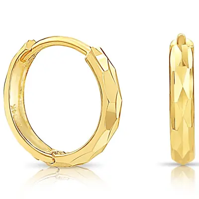 14K Solid Yellow Gold Round Diamond-Cut Huggie Hoop Earrings Small Size 12MM • $86.25