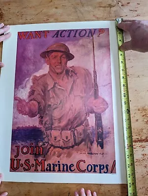 Want Action Join The Marines WWII Recruiting Poster Vietnam Era Reissue  Flagg • $35