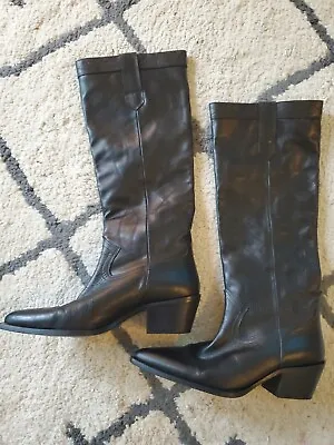 $125 • Buy Zara Black Leather Knee High Cowboy Boots 8M