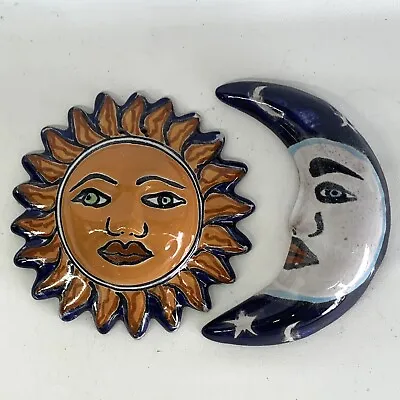 Talavera Sun Moon Face Hand Painted Wall Hanging Folk Art Mexican Pottery Set 4  • $37.50