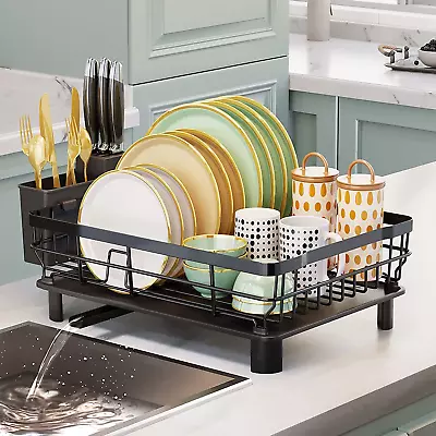 Iron Dish Drying Rack With Drainboard: Adjustable Spout Utensil Holder. • $39.41