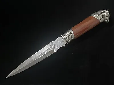 Gambler’s Dagger Damascus Steel Blade Bloodwood Handle Leather Sheath • $115