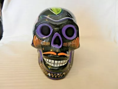 Black Ceramic Day Of The Dead Skull Multi Colored Hand Painted 6  Tall • $75