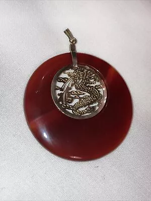 Vintage 1960s Red Jade Gold Plated Chinese Symbol Pendant Dragon Art Design • $23.11