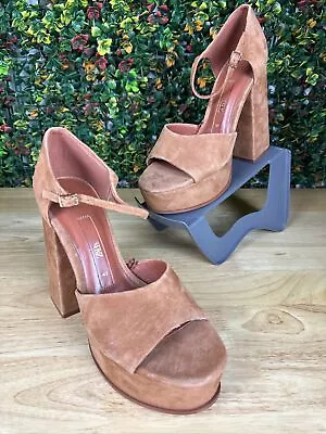 ZARA Leather Suede Platform Ankle Strap Sandals Heels Tan Brown Women's 9 NWOB • $65