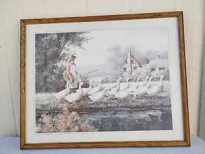 Vintage T.C. Chiu  Girl With Geese  Art Print Signed Framed 29  X 23 . OPB-1 • $25