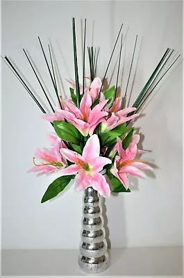 Ivory Pink Tiger  Lily  Artificial Flower Arrangement Spray In Vase- Display. • £14.99