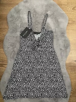 PLT Black Dalmation Print Tie Front Strappy Shift Dress Size 8 • £10