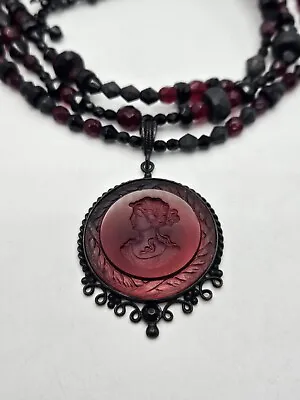 Vintage Extasia Red Intaglio Cameo Glass Pendant 3 Strand Crystal Bead Necklace • $159