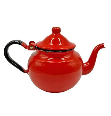 Red Teapot Vintage Enamelware Graniteware Gooseneck Spout Hinged Lid Small 5” H • $20