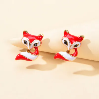 $1.99 • Buy Cute White Red Enamel Fox Stud Earrings Animal Birthday Jewellery Gift For Women