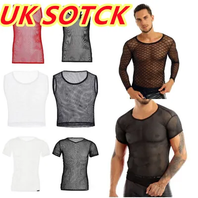 UK Mens Mesh T-shirt See Through Fishnet Gym Training Tank Top Vest Underwear • £12.99