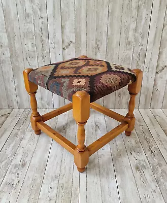 Vintage Aztec Design Foot Stool Wooden Pine Foot Rest Woven Upholstered Top Boho • £22.99