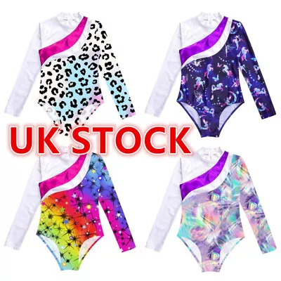 UK Kids Girls Long Sleeve Jumpsuit Cartoon Pattern Dancewear Slim Fit Bodysuit  • £13.32