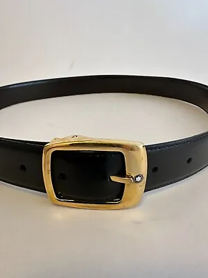 Montblanc Black Leather Belt Gold Buckle W Logo Vintage Germany 37.5  Adjustable • $99