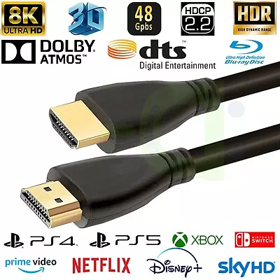 8k Hdmi Cable Ultra Hd Braided Lead 8k 4k 3d Hdr Hdtv For Pc Tv Xbox Ps5 • £5.99