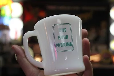 Rare Vintage One Hour Parking Fire King D Handle Coffee Mug Milk Glass Sign Dmv • $2.25