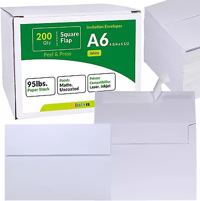 200 Pcs A6 Invitation Envelopes In White Peel & Seal Self-Seal 4 3/4 X 6 1/2 Squ • $31.99