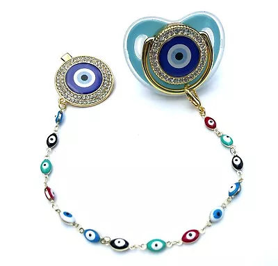 Luxury Bling Evil Eye Baby Pacifier & Clip - Gold Or Silver - Several Styles • $15.99