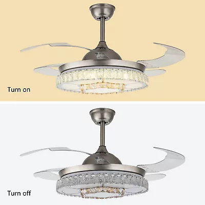 Retractable Ceiling Fan Light LED Chandelier Lamp + Remote Control Crystal  42'' • $95