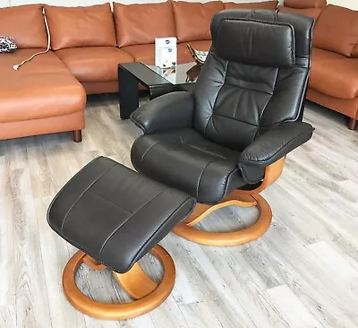 Fjords Mustang Large Recliner Comfort Chair Black Leather Cherry Wood Stain • $1705.50