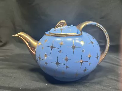 Vintage 1950's MCM HALL ATOMIC STARBURST 6 Cup Teapot Star Blue • $45
