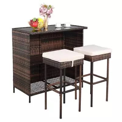 In/Outdoor 3 Pcs Patio Rattan Wicker Bar Table Stools Dining Set With Cushioned • $178.98