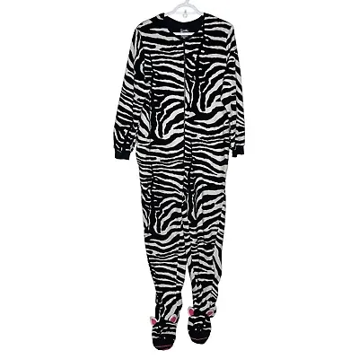 Nick & Nora Zebra Stripe Footed Pajamas Medium Sleepwear One Piece BLack White • £38.17