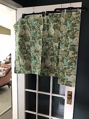 Vintage 1950s Cafe Curtain Valance Set Kitchen Green Blue Floral 34” L  • $27