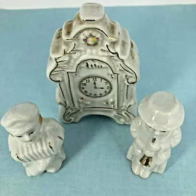 Vintage 2 Mini Porcelain Musician & Clock Figurines 3 Piece Set White Gold Tone  • $6.95