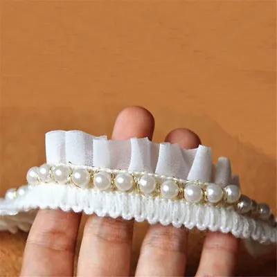 1 Yd Pearl Beaded Lace Edge Trim Wedding Dress Ribbon Sewing DIY Craft 2 Colors • £4.87