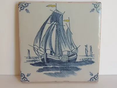 Vintage Makkum Holland Royal Tichelaar Ceramic Tile Handpainted Boat Ship • $39