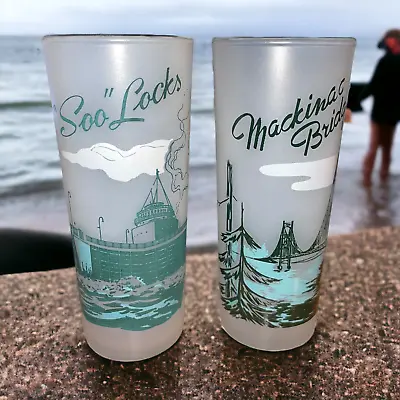 Vtg 1950s Michigan Mackinac Bridge Soo Locks Frosted Glasses Set MCM Barware • $25