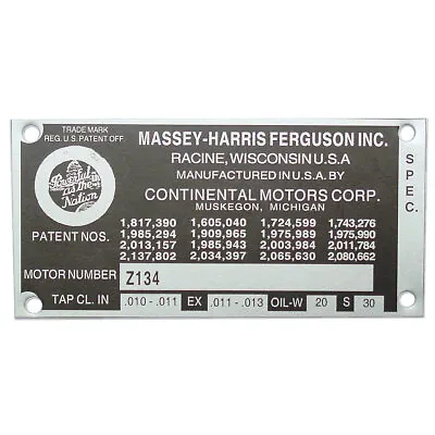 Engine Serial Number Tag W/ Rivets Fits Massey Ferguson Harris Tractor 35 50 135 • $68.93