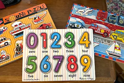 Lot Of 3 Melissa & Doug Wooden Sound Puzzle Vehicles Numbers Chunky Tested! • $16.95