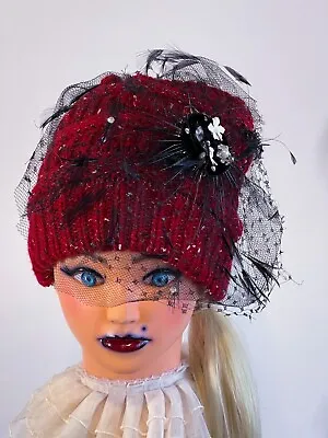 Red Beanie With Black Vintage Veil Netted Rhinestone Feathers  Handmade   • $42