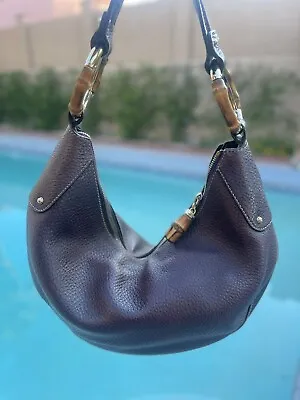 GUCCI Leather Horsebit Brown Bamboo Ring Embossed Half Moon Hobo Bag • $450.99