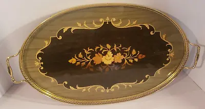 Vintage Italian Marquetry Tray Inlaid Wood With Brass Gallery & Handles 20 1/4  • $39.99