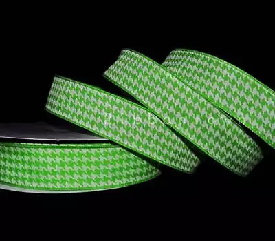 5 Yards Bright Green White Herringbone Houndstooth Print Wired Ribbon 1 1/2 W • $4.95