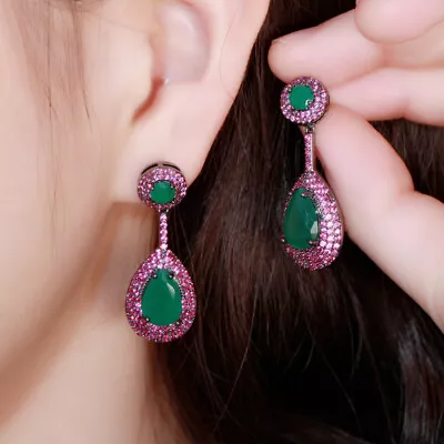 Fuchsia Hot Pink CZ Long Round Dangle Drop Earring Costume Black Gold Jewelry • $9.14