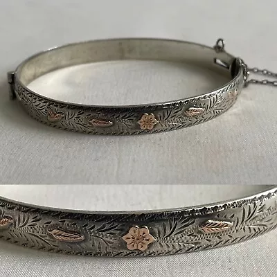 Vtg ML Sterling Silver Hinged Bangle Raised Rose Gold Southwest Decor Engraving • $35