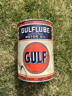 Vintage EMPTY GULF GULFLUBE 1 Quart Motor Oil Metal Can Checkerboard Design • $60