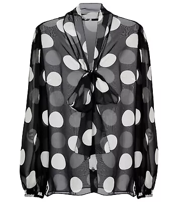 $1.3K DOLCE & GABBANA Polka Dot Pussy-Bow Black & White Silk Blouse Size M NWT • $800