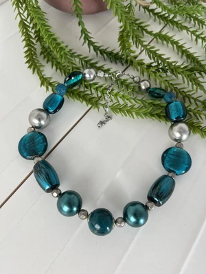 £7.99 • Buy Chunky STATEMENT Bold Necklace Blue Glass Beads Costume Jewellery Silver Chain
