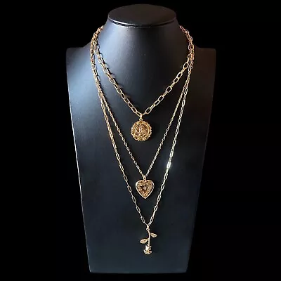 Layered Heart Rose Pendant Necklace 3 Strands W Pendants Gold Tone • $11.90