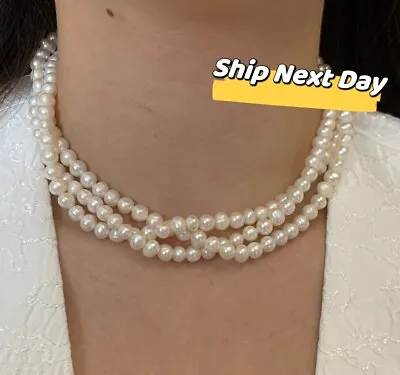 Three Strand Natural Pearl Necklace Multi Strand Genuine Pearl Choker • $43.58